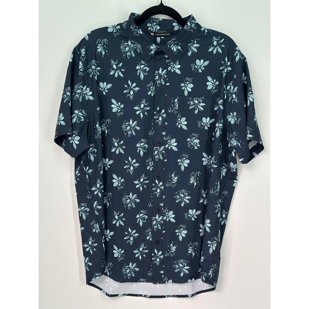 TravisMathew Mens Short Sleeve Button Down Floral Shirt Navy Blue Large NWT 0325